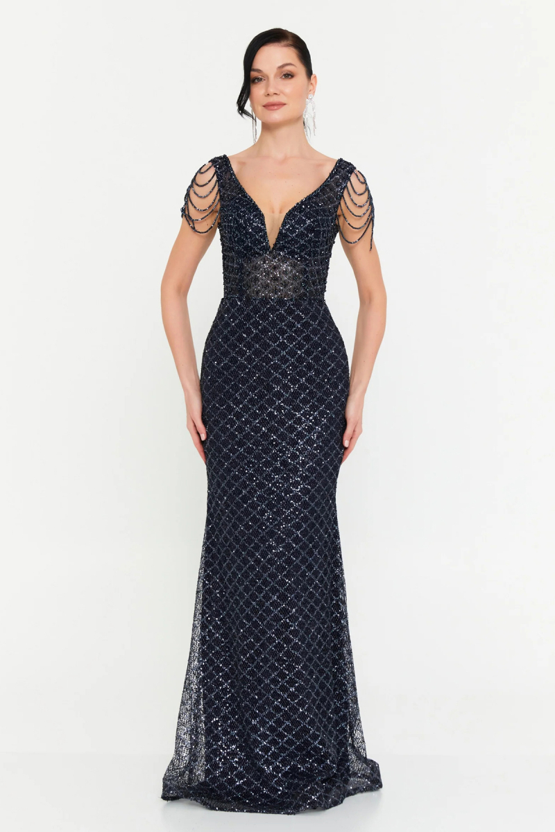 Alinexclusive Kadın Full Payet İşlemeli Omzu Taş Detaylı Geniş Beden Aralıklı Balık Form Abiye Elbise 1649 Lacivert Lacivert