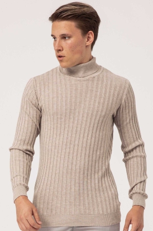 Ateş Triko Erkek Balıkçı Yaka Slim Fit Fitilli Triko Kazak 6091288 Bej Bej