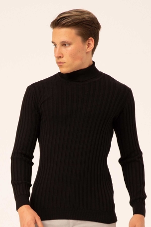 Ateş Triko Erkek Balıkçı Yaka Slim Fit Fitilli Triko Kazak 6091288 Siyah Siyah