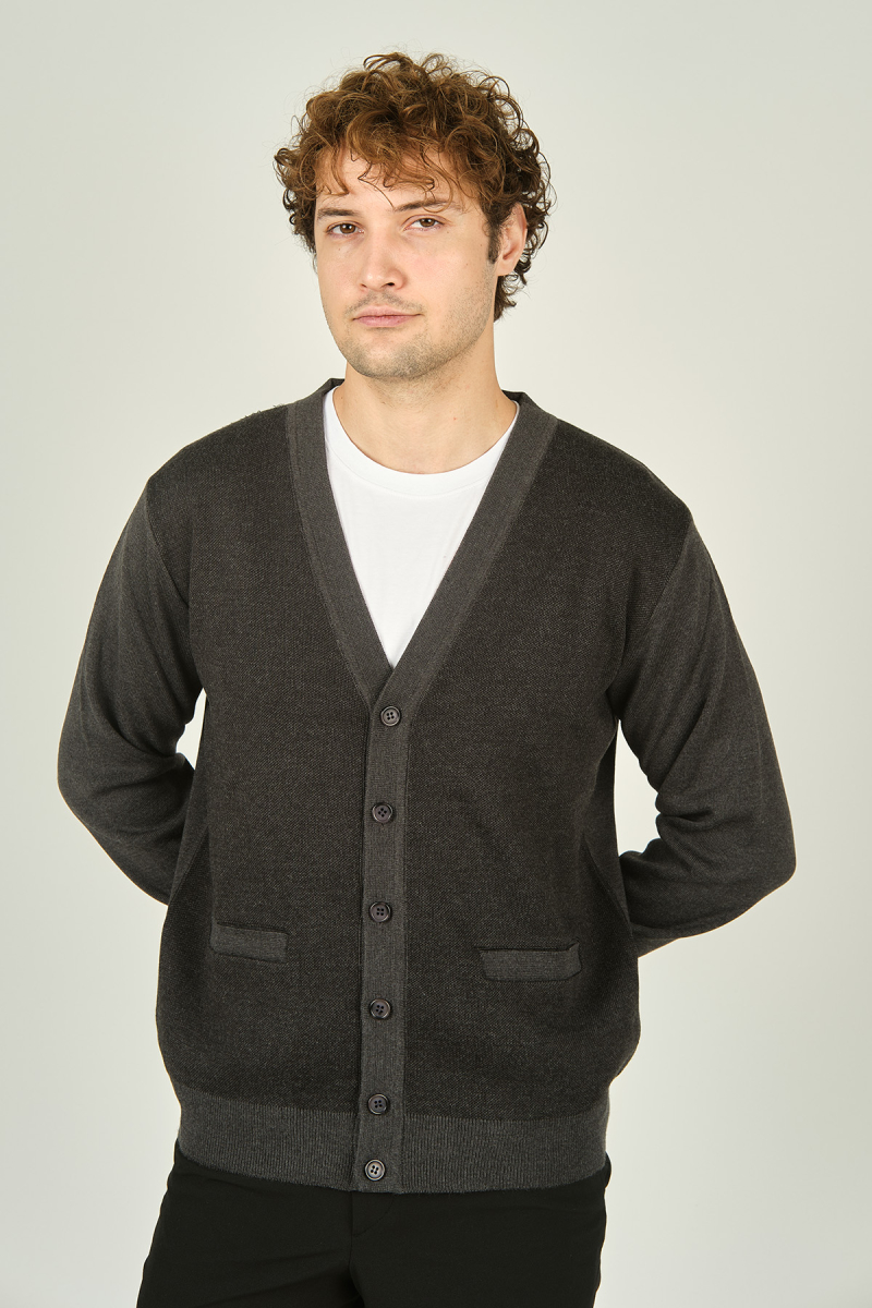 Ateş Triko Erkek Cep Detaylı V Yaka Yün Hırka 4490 Koyu Gri Koyu Gri