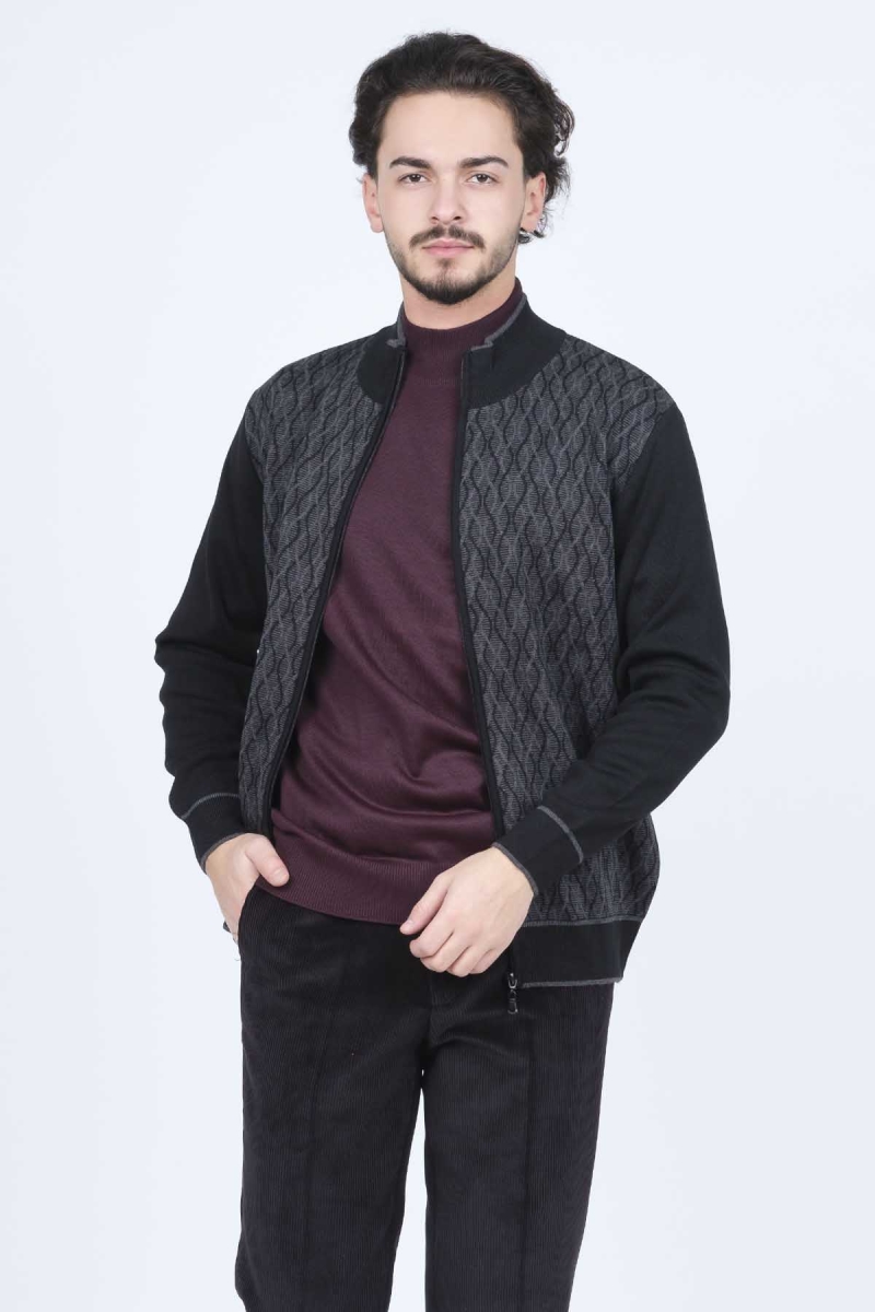 Ateş Triko Erkek Desenli Yün Hırka 6092541 Siyah Siyah