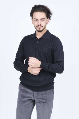 Ateş Triko Erkek Polo Yaka Çizgi Detaylı Yün Kazak 6091893 Lacivert Lacivert