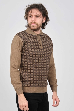 Ateş Triko Erkek Polo Yaka Desenli Yün Kazak 6092101 A.Kahve A.KAHVE