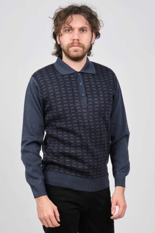 Ateş Triko Erkek Polo Yaka Desenli Yün Kazak 6092101 Indigo Indigo