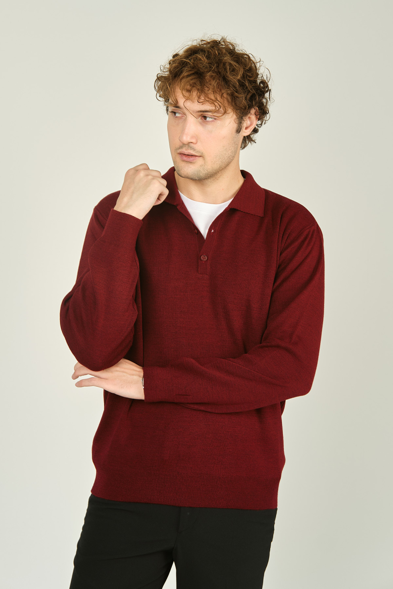 Ateş Triko Erkek Polo Yaka Düğmeli Yün Kazak 6091023 D.Bordo D.BORDO