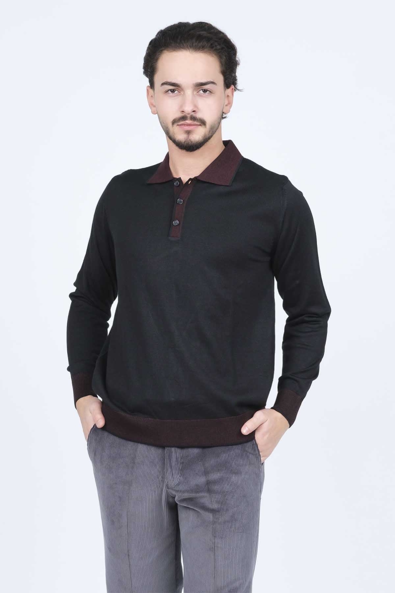 Ateş Triko Erkek Polo Yaka Yün Kazak 6091903 Siyah Siyah