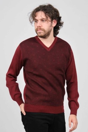 Ateş Triko Erkek V Yaka Desenli Yün Kazak 6091746 Bordo Bordo