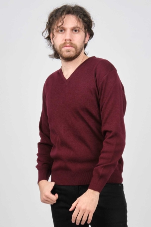 Ateş Triko Erkek V Yaka Düz Kazak 6091026 Bordo Bordo