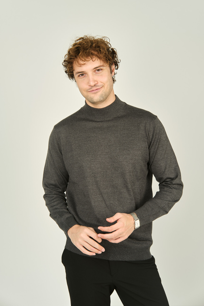 Ateş Triko Erkek Yarım Balıkçı Yaka Yün Kazak 0004 Koyu Gri Koyu Gri