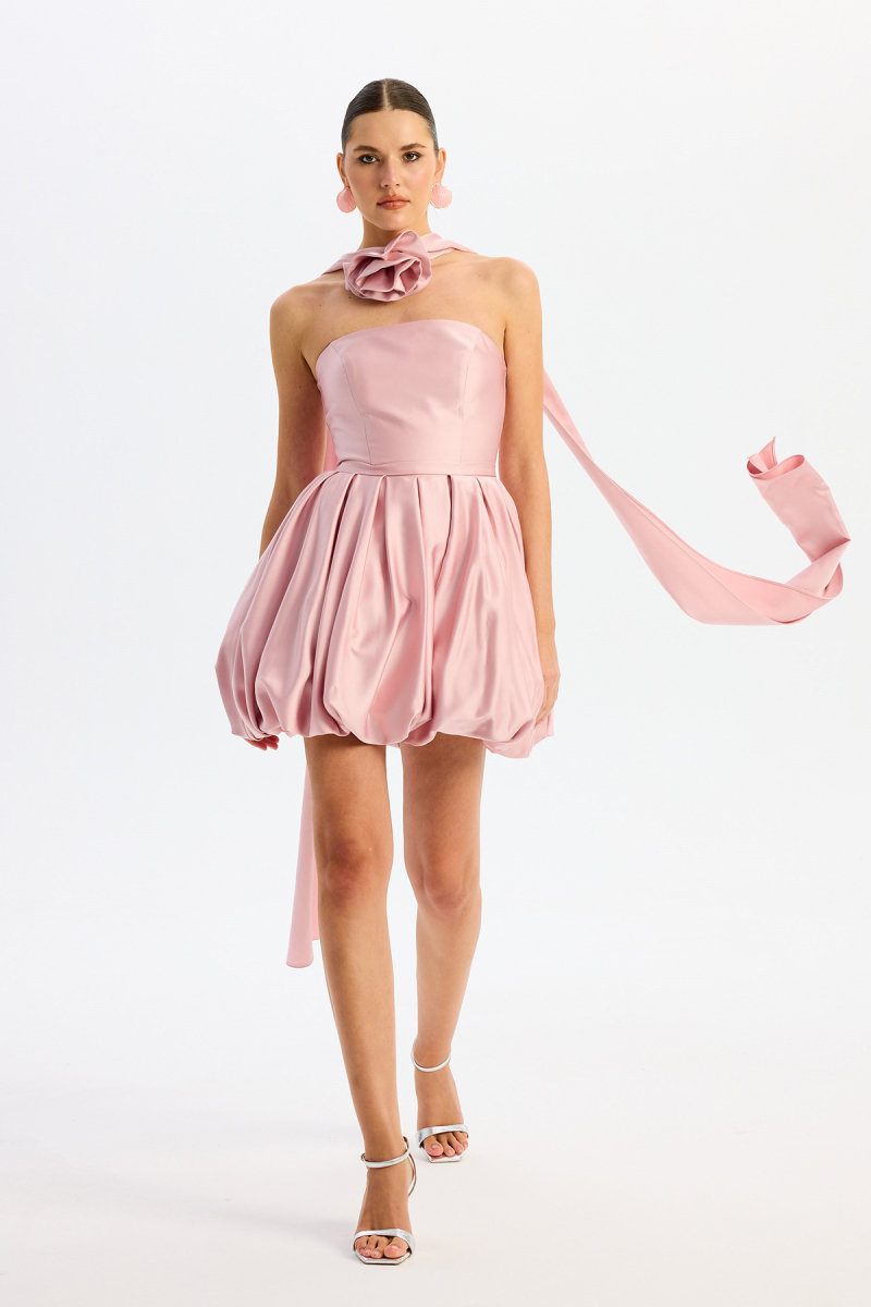 Carmen Kadın Balon Etek Güllü Saten Abiye Elbise 58617 Pudra Pudra