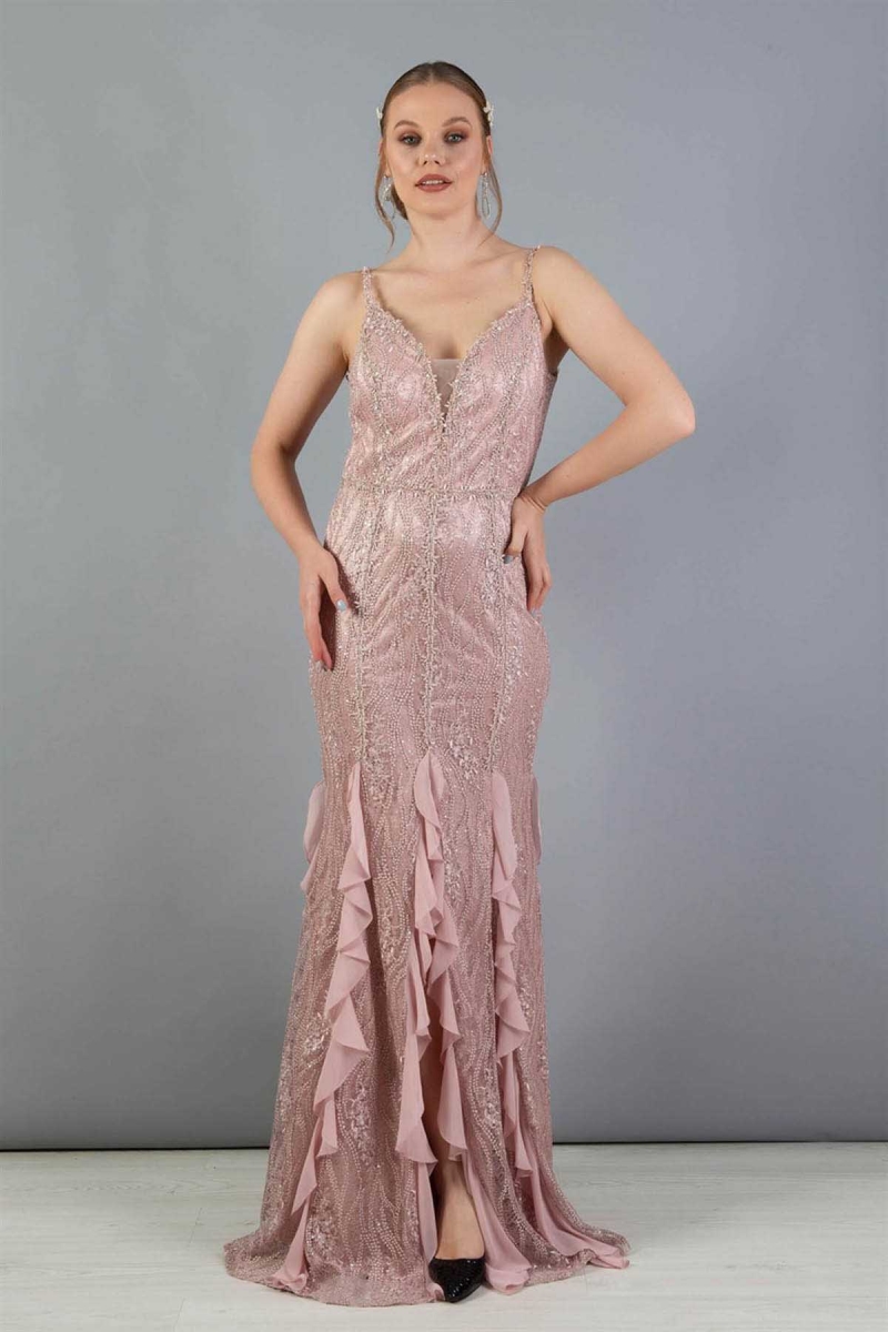 Carmen Kadın Dantel Eteği Fırfırlı İşlemeli Balık Abiye 5815560 Pudra Pudra