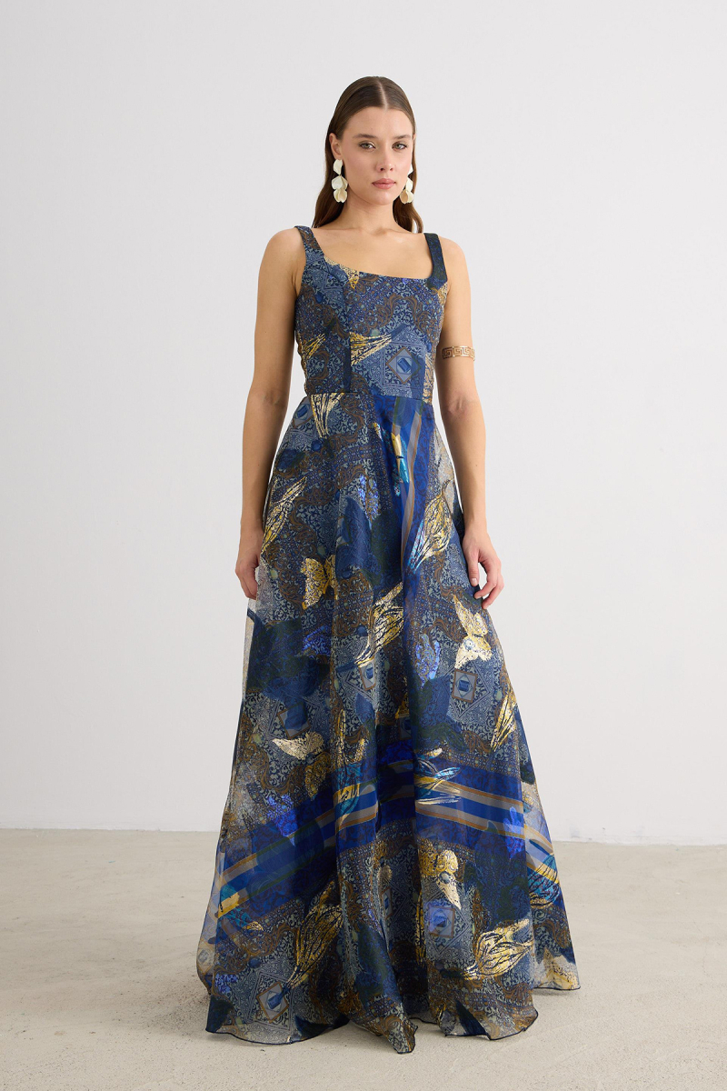 Carmen Kadın Kare Yaka Jakarlı Abiye Elbise 58605 Lacivert Lacivert