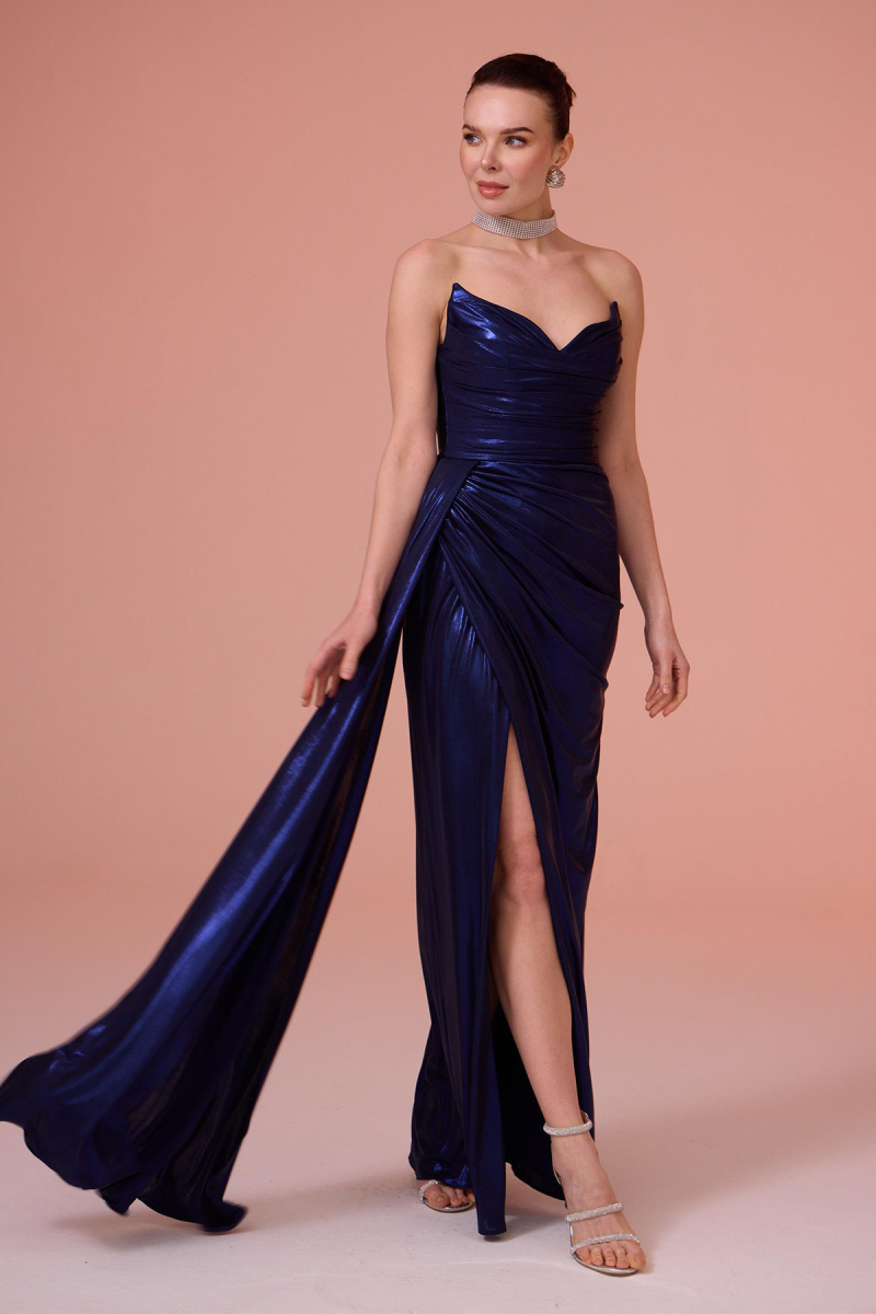 Carmen Kadın Parlak Örme Straplez Uzun Abiye Elbise 58310 Lacivert Lacivert