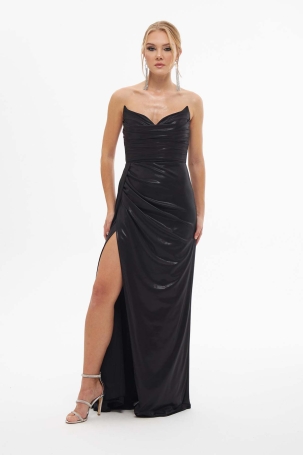 Carmen Kadın Parlak Örme Straplez Uzun Abiye Elbise 58310 Siyah Siyah