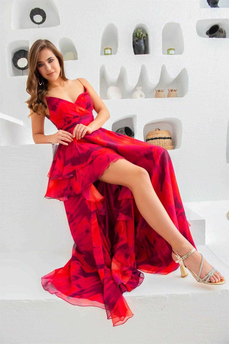 Carmen Kadın Şifon Askılı Uzun Abiye Elbise 6575886 Fuşya Fuşya
