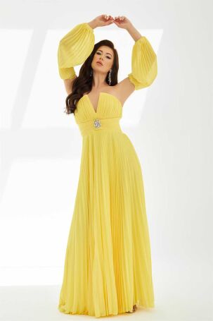 Carmen Kadın Şifon Kemer Detaylı Uzun Abiye Elbise 58070 Sarı Sarı