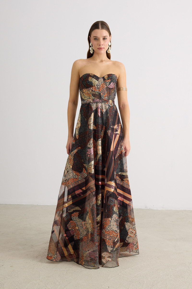 Carmen Kadın Straplez Jakarlı Abiye Elbise 58606 Kahverengi Kahverengi