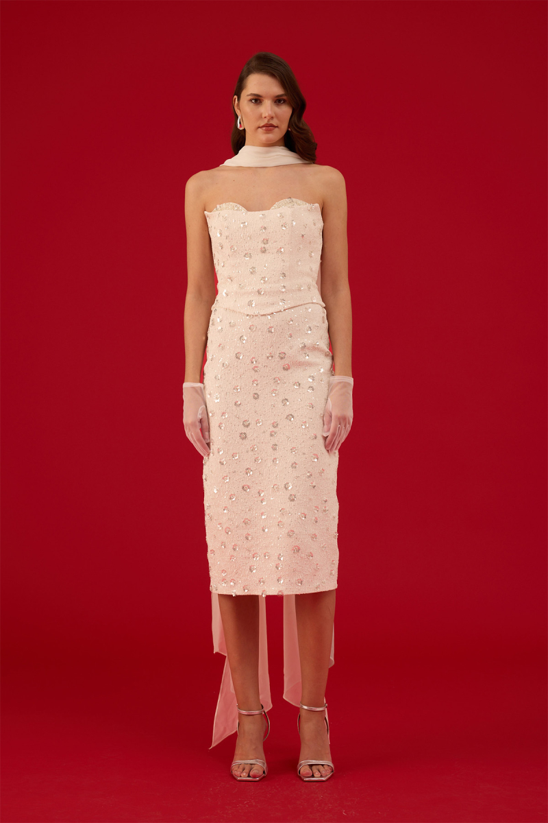 Carmen Kadın Straplez Payetli Söz Elbisesi Nikah Elbisesi 58565 Bej Bej