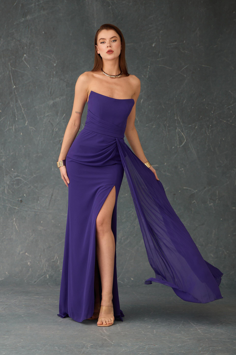 Carmen Kadın Straplez Yırtmaçlı Şifon Abiye Elbise 58482 Mor Mor