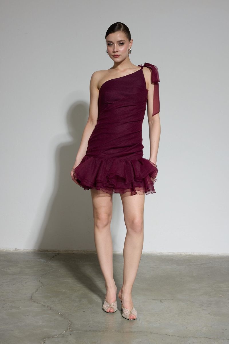 Carmen Kadın Tek Kol Fırfırlı Organze Abiye Elbise 58619 Bordo Bordo