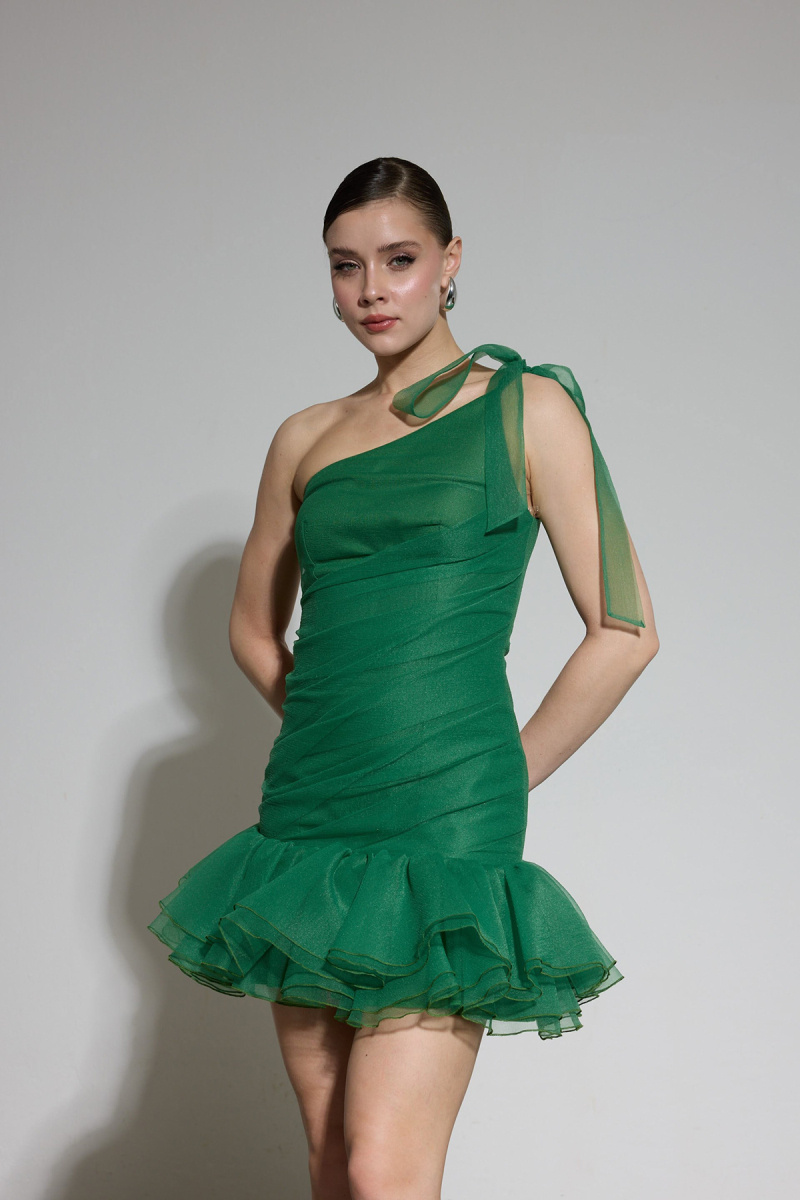 Carmen Kadın Tek Kol Fırfırlı Organze Abiye Elbise 58619 Yeşil Yeşil