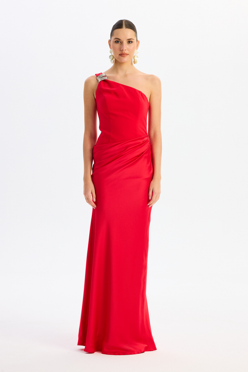 Carmen Kadın Üstü Krep Altı Saten Abiye Elbise 58608 Kırmızı Kırmızı