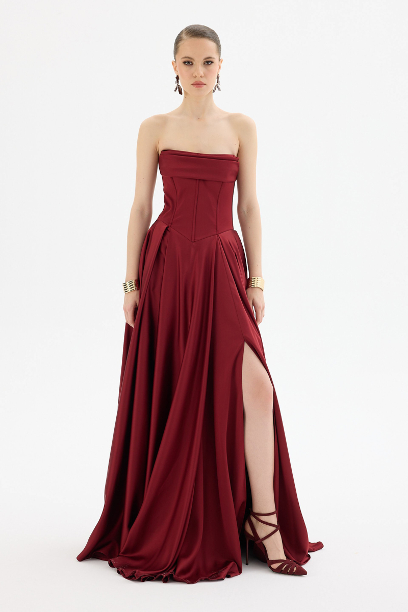 Carmen Kadın Yırtmaçlı Uzun Saten Abiye Elbise 58588 Bordo Bordo