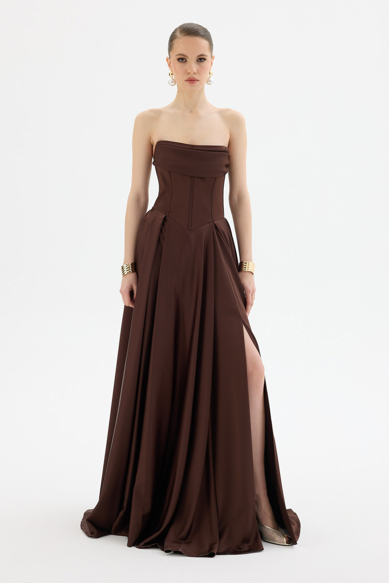 Carmen Kadın Yırtmaçlı Uzun Saten Abiye Elbise 58588 Kahverengi Kahverengi