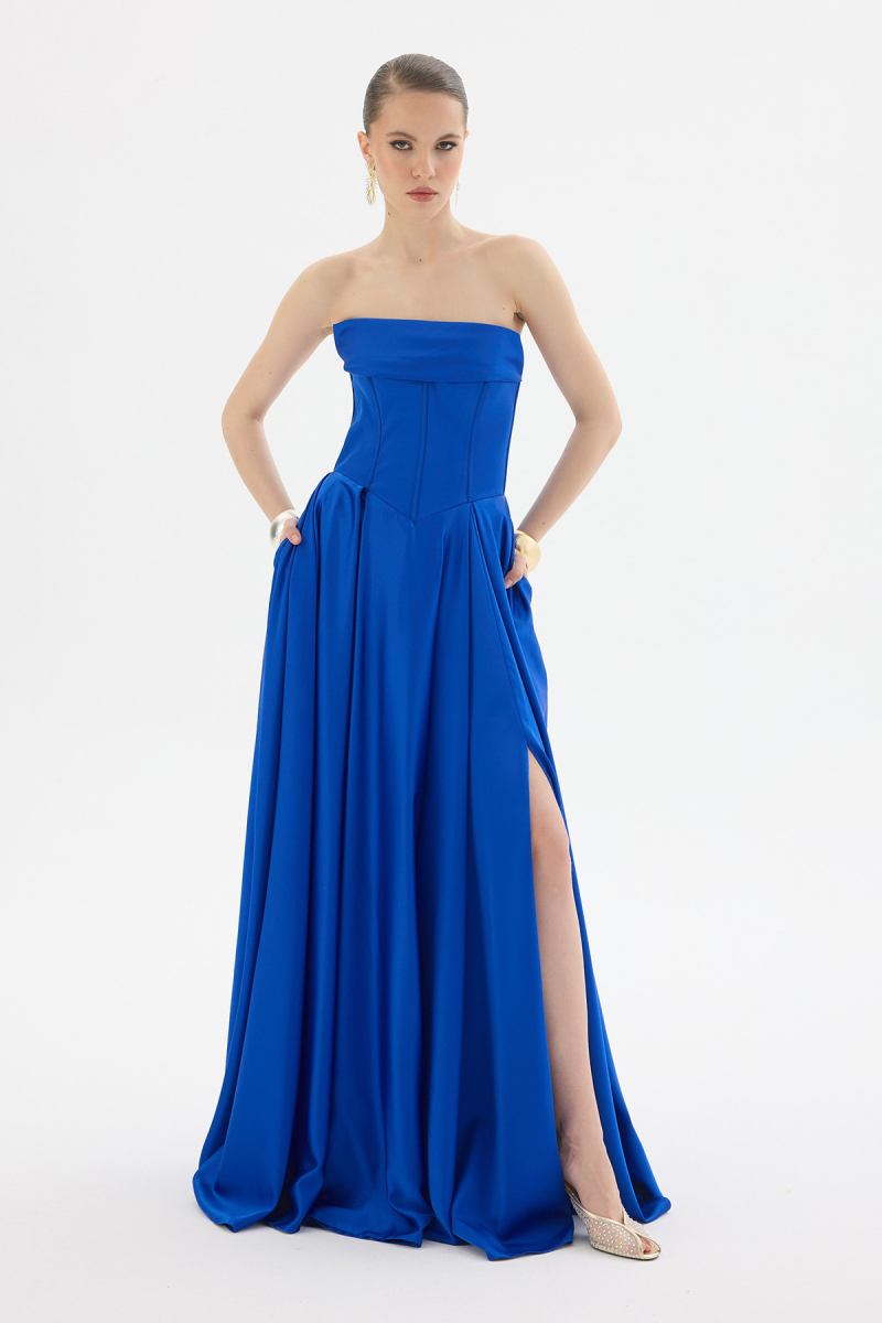 Carmen Kadın Yırtmaçlı Uzun Saten Abiye Elbise 58588 Saks Saks