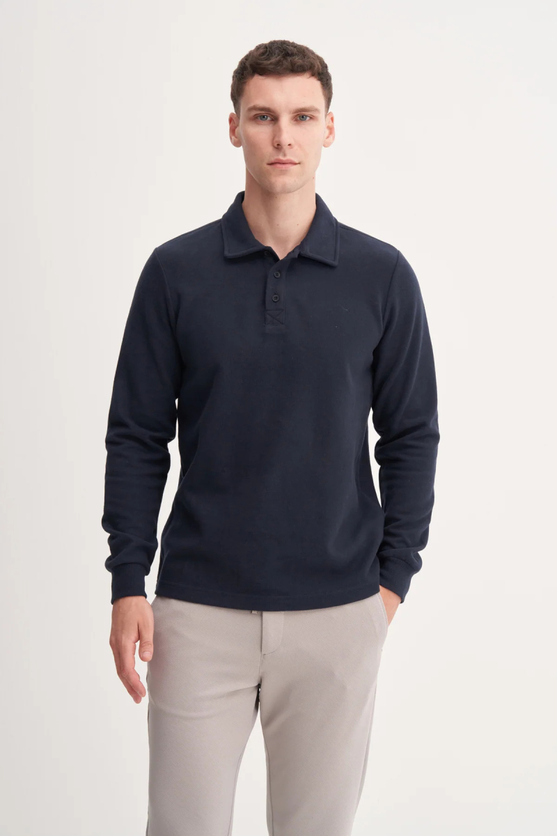 Cazador Erkek Polo Yaka Selanik Örgü Slim Fit Sweatshirt Lacivert Lacivert