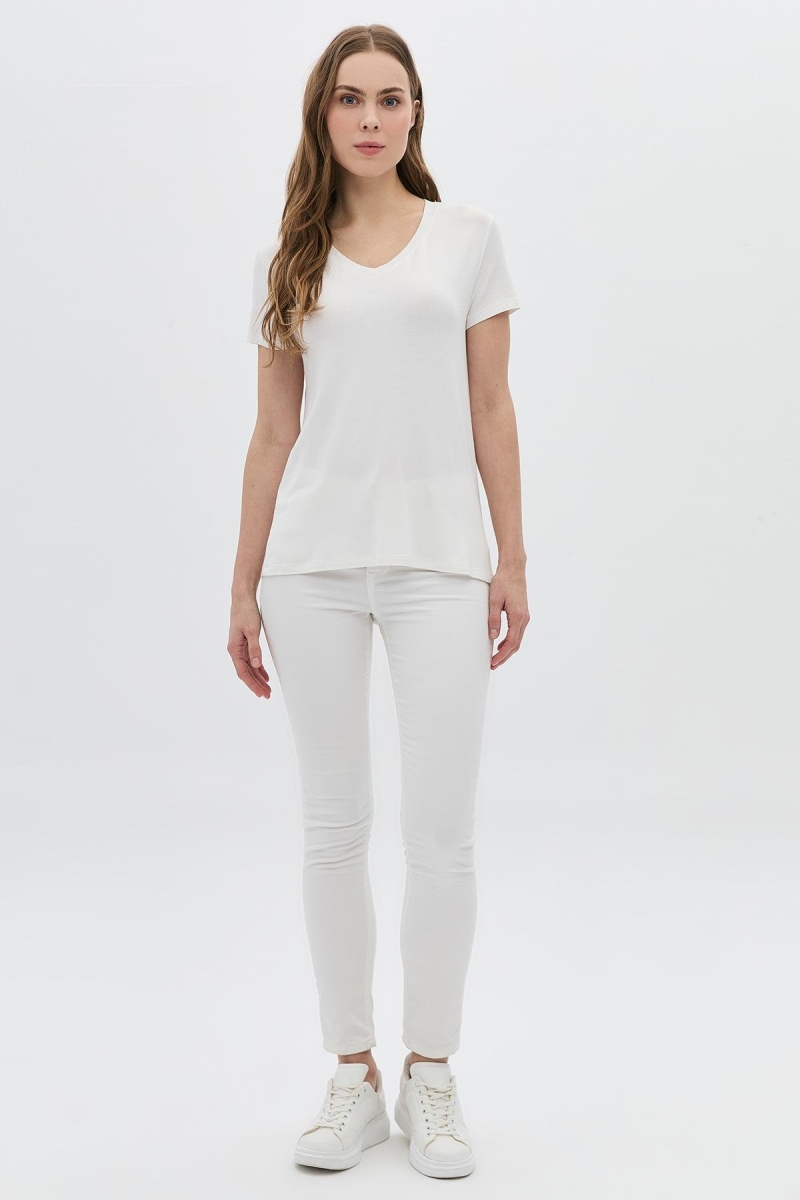 Daido Kadın Basic V Yaka T-Shirt 5980 Ekru Ekru