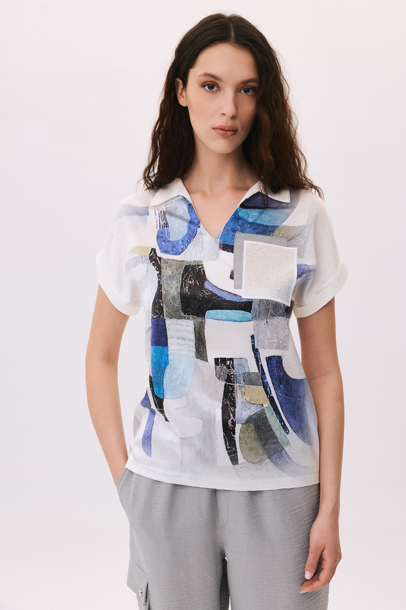 Daido Kadın Cebi Taş İşlemeli Polo Yaka Kısa Kollu Bluz 6239 Ekru Ekru