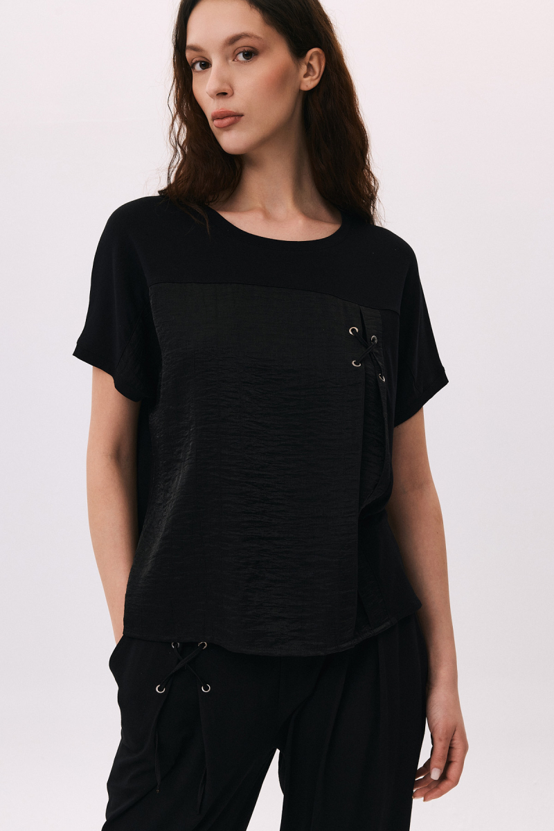 Daido Kadın Çift Kumaş Detaylı Düşük Kollu Penye T-Shirt 6211 Siyah Siyah