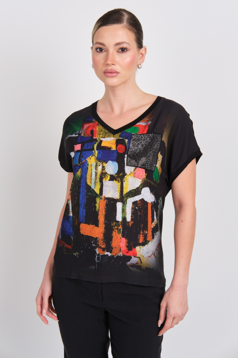 Daido Kadın Desenli Süs Cepli V Yaka T-Shirt 5842 Siyah Siyah