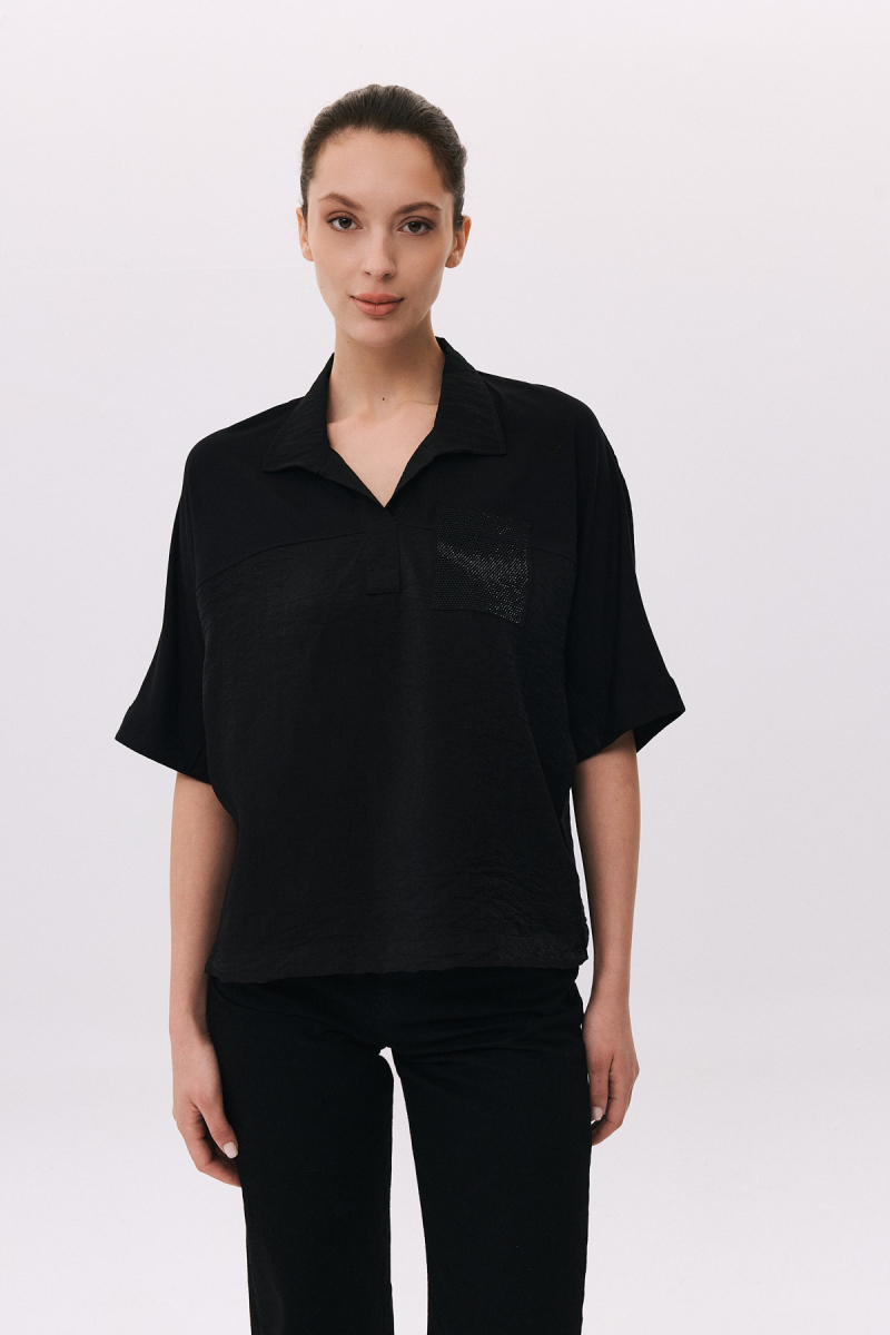 Daido Kadın Düşük Kollu Polo Yaka Penye Bluz 6233 Siyah Siyah