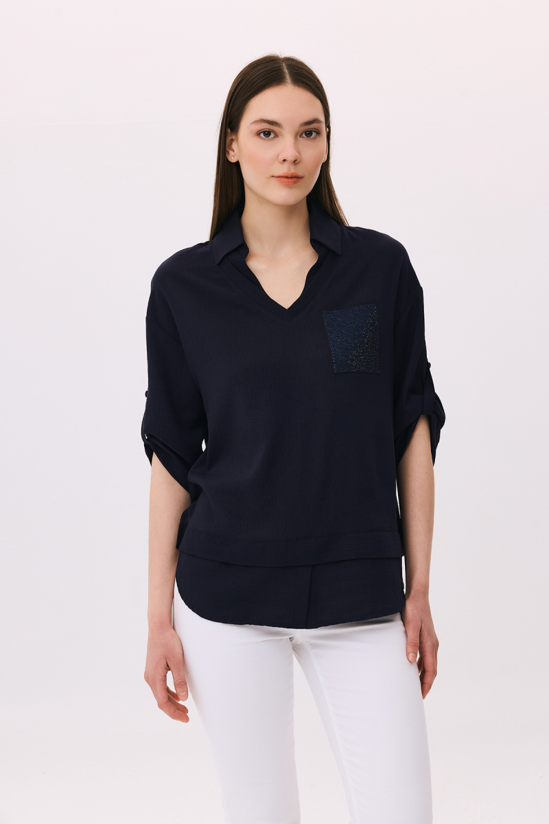 Daido Kadın Polo Yaka Truvakar Kol Bluz 6258 Lacivert Lacivert