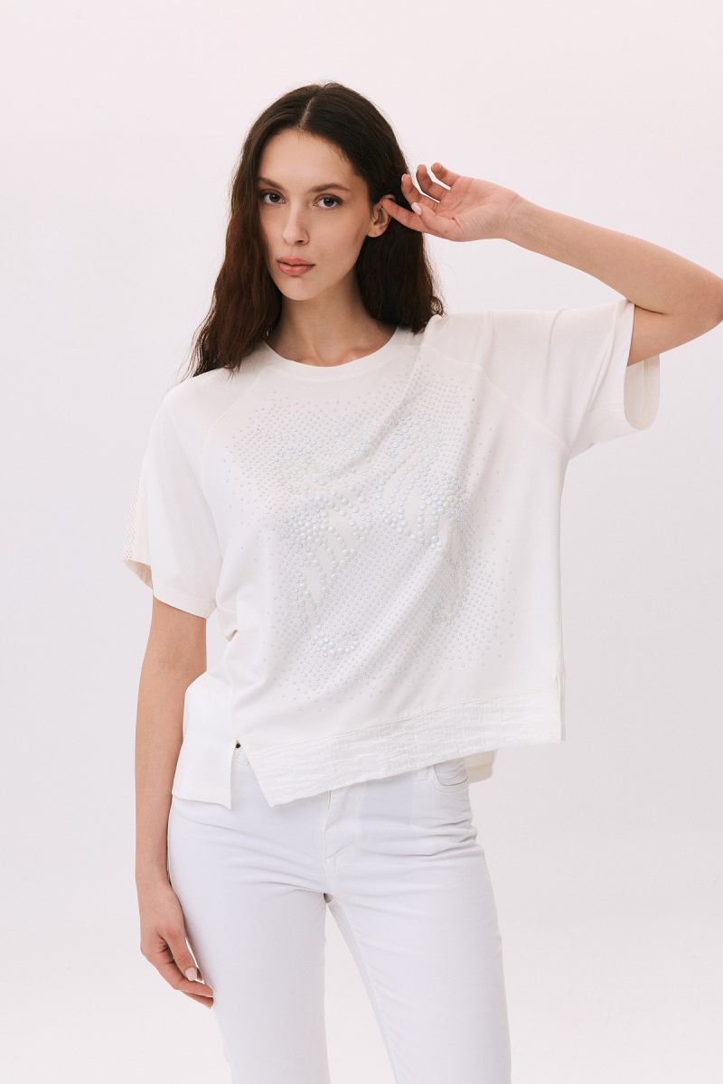 Daido Kadın Taş Süslemeli Ön Kısa Arkası Uzun Bluz 6222 Ekru Ekru