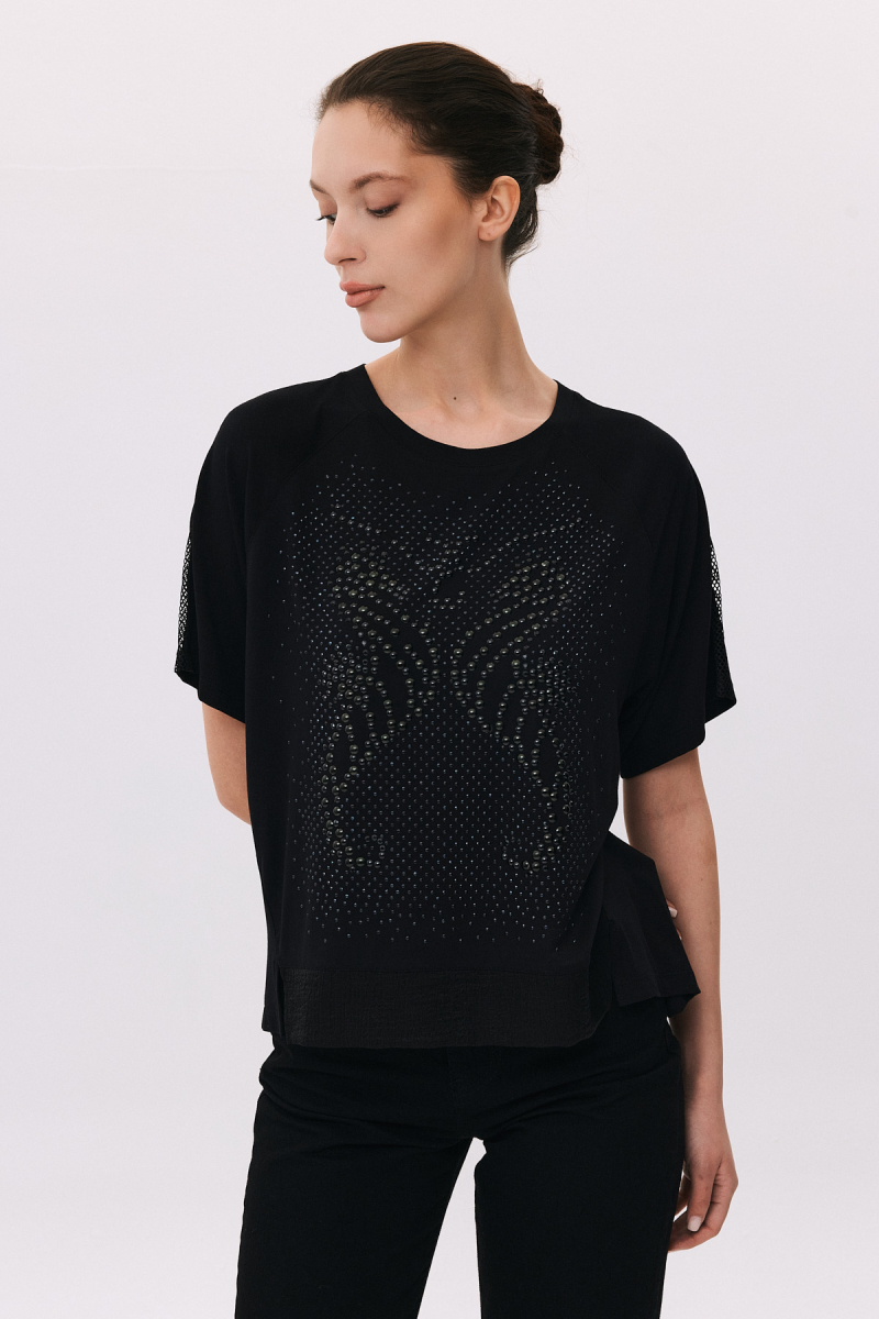 Daido Kadın Taş Süslemeli Ön Kısa Arkası Uzun Bluz 6222 Siyah Siyah