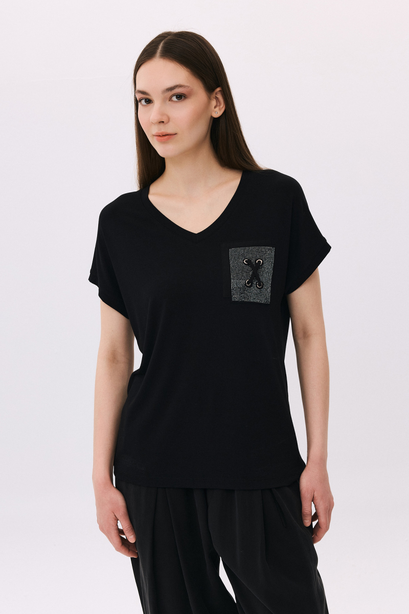 Daido Kadın V Yaka Düşük Kollu Penye T-Shirt 6226 Siyah Siyah