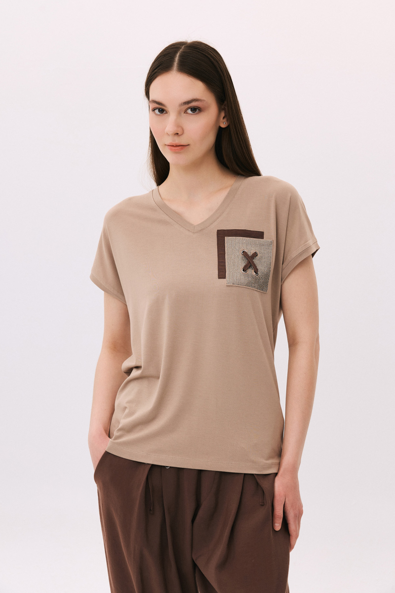 Daido Kadın V Yaka Düşük Kollu Penye T-Shirt 6226 Sütlü Kahve SÜTLÜ KAHVE