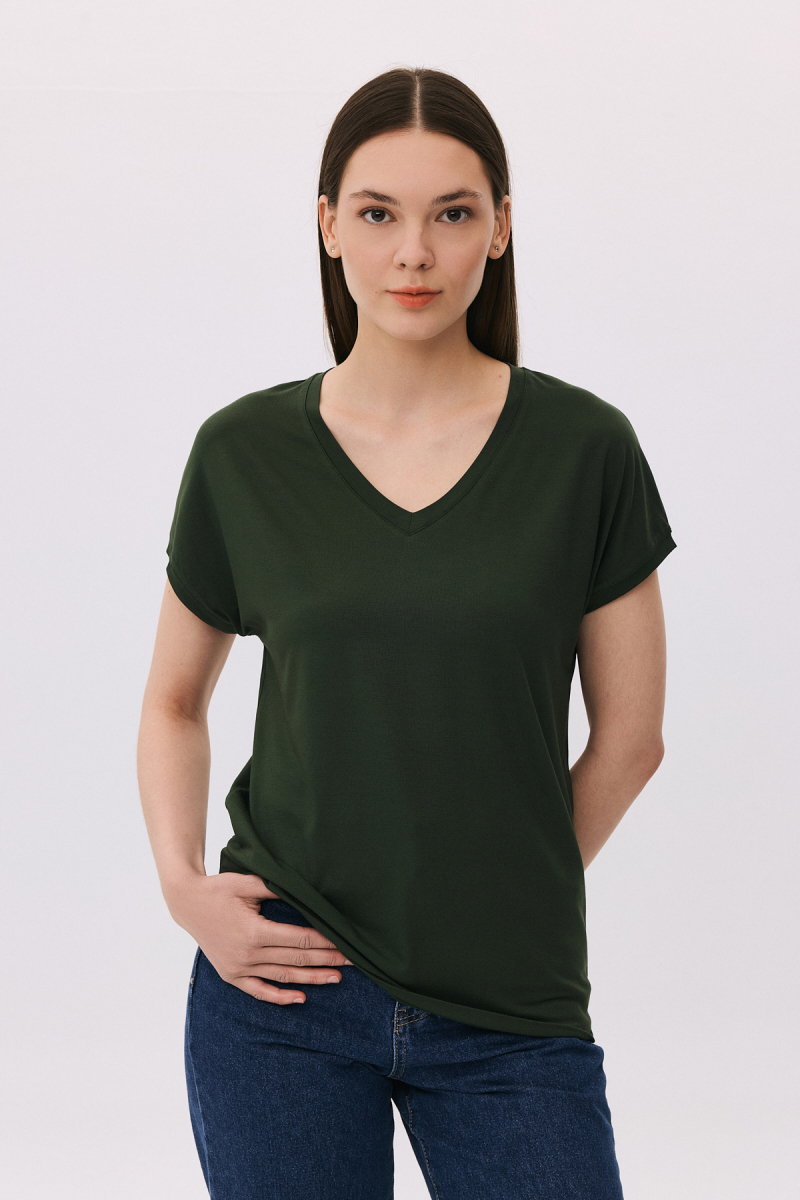 Daido Kadın V Yaka Kısa Kollu Penye T-Shirt 6201 Haki Haki