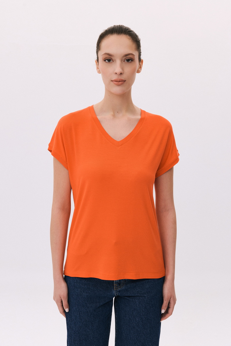 Daido Kadın V Yaka Kısa Kollu Penye T-Shirt 6201 Nar Çiçeği Nar Çiçeği