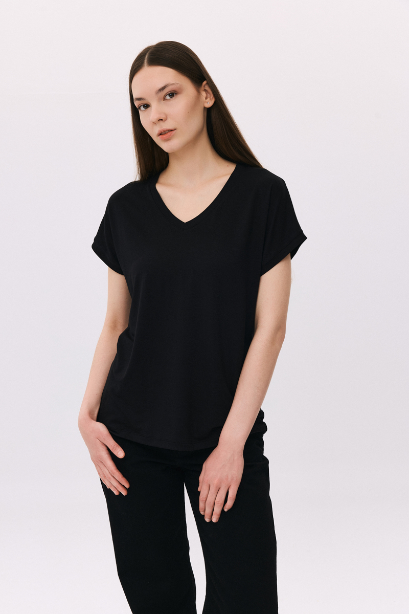 Daido Kadın V Yaka Kısa Kollu Penye T-Shirt 6201 Siyah Siyah