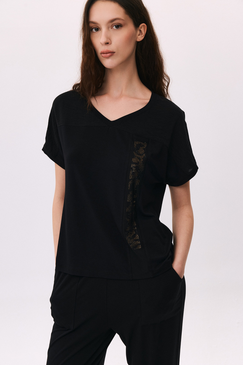 Daido Kadın V Yaka Kısa Kollu Taş Detaylı Penye Bluz 6238 Siyah Siyah