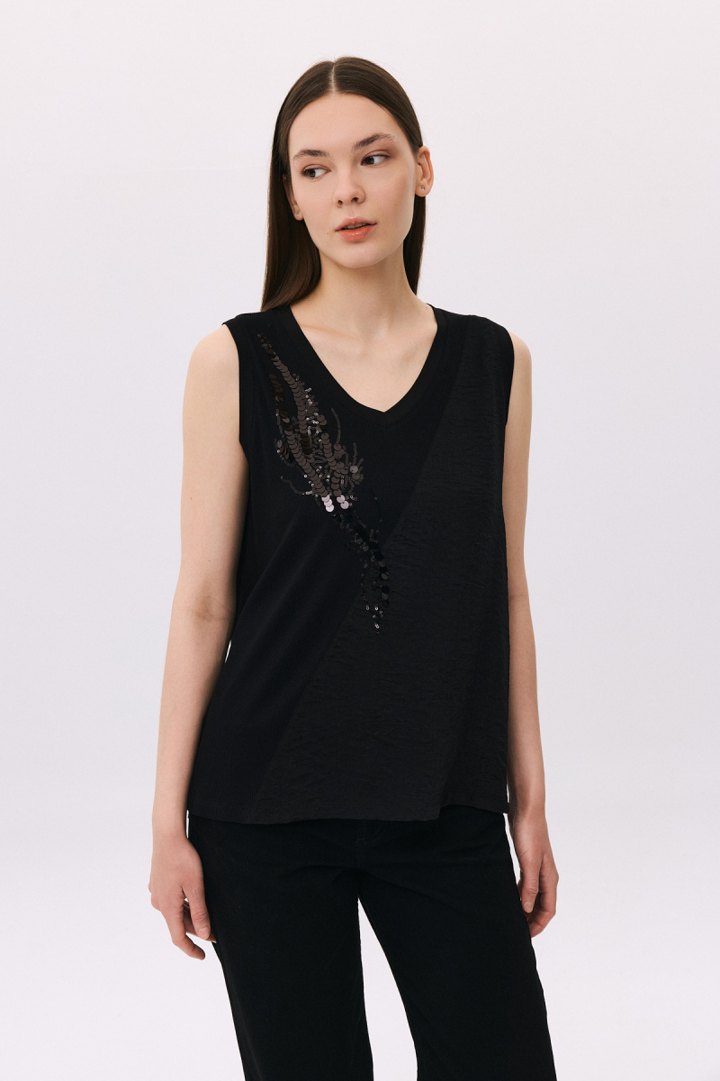 Daido Kadın V Yaka Pul Detaylı Kolsuz Bluz 4830 Siyah Siyah