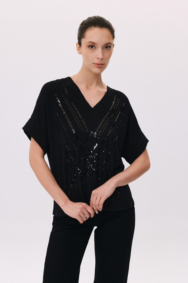 Daido Kadın V Yaka Pul İşlemeli Kısa Kollu Bluz 6212 Siyah Siyah