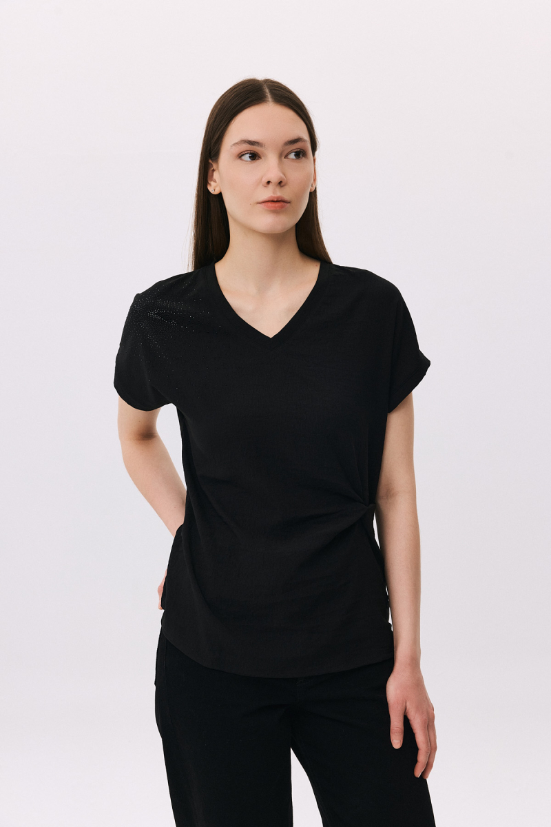 Daido Kadın V Yaka Taş Detaylı Kısa Kollu Bluz 6259 Siyah Siyah