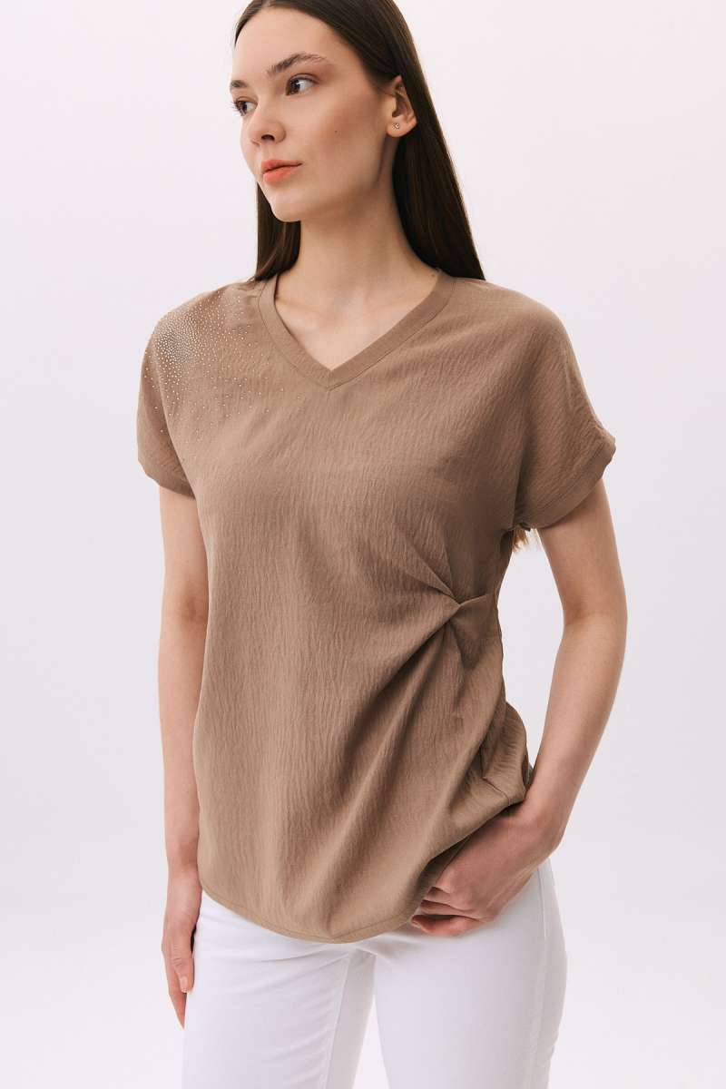 Daido Kadın V Yaka Taş Detaylı Kısa Kollu Bluz 6259 Vizon Vizon