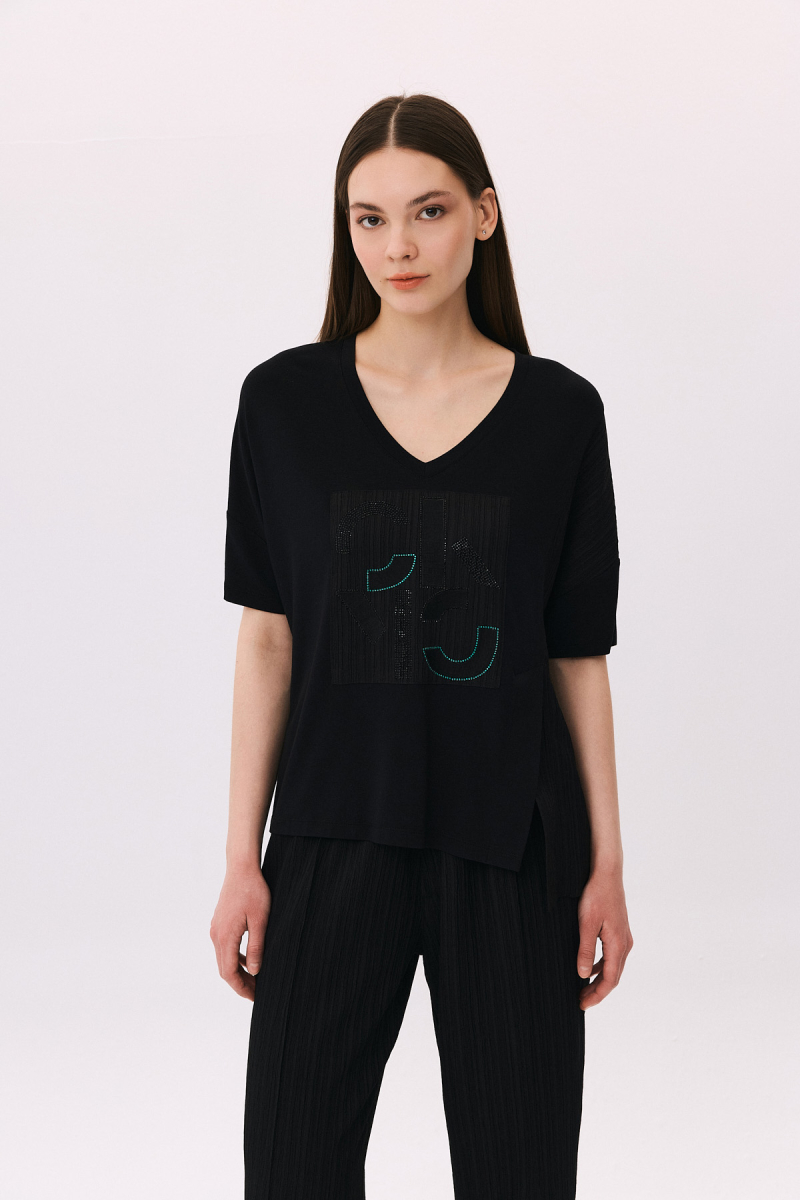 Daido Kadın V Yaka Taş Süslemeli Kısa Kollu Bluz 6214 Siyah Siyah