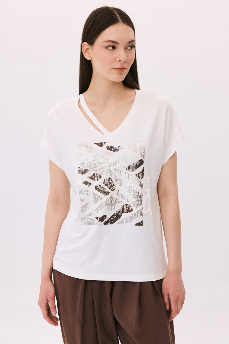 Daido Kadın Yaka Detaylı Desenli Pamuklu Penye Bluz 6243 Ekru Ekru